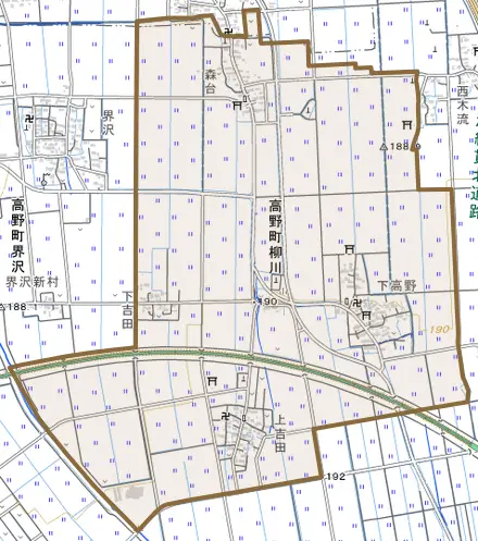 高野町大字柳川とその周辺の地図。町の範囲を重ねている
