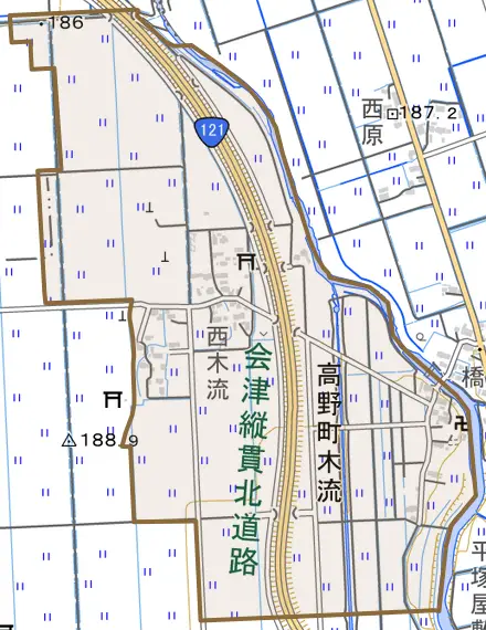 高野町大字木流とその周辺の地図。町の範囲を重ねている