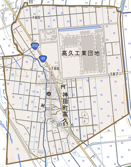 神指町大字高久とその周辺の地図。町の範囲を重ねている