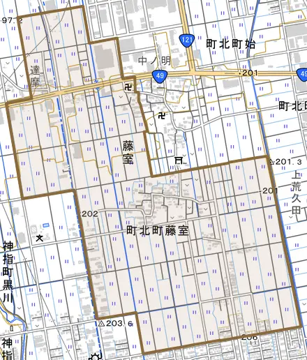 町北町大字藤室とその周辺の地図。町の範囲を重ねている