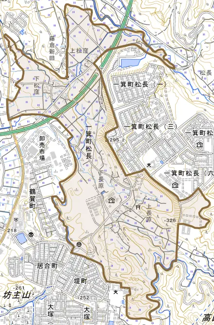 一箕町大字松長とその周辺の地図。町の範囲を重ねている