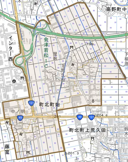 町北町大字始とその周辺の地図。町の範囲を重ねている