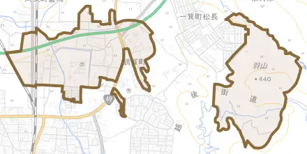一箕町大字鶴賀とその周辺の地図。町の範囲を重ねている