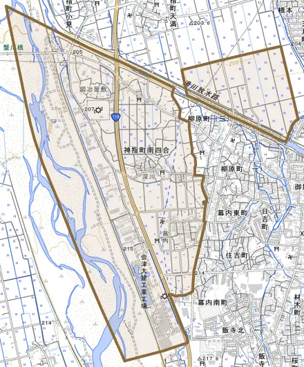 神指町大字南四合とその周辺の地図。町の範囲を重ねている