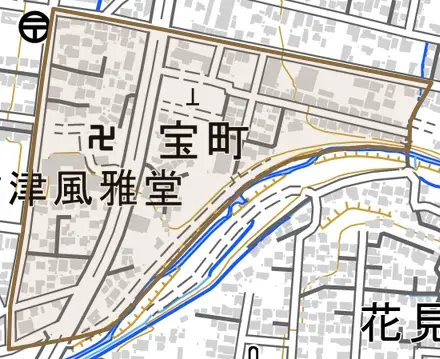 宝町とその周辺の地図。町の範囲を重ねている