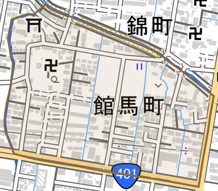 館馬町とその周辺の地図。町の範囲を重ねている