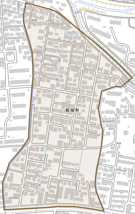 館脇町とその周辺の地図。町の範囲を重ねている