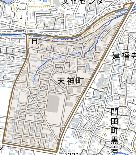 天神町とその周辺の地図。町の範囲を重ねている