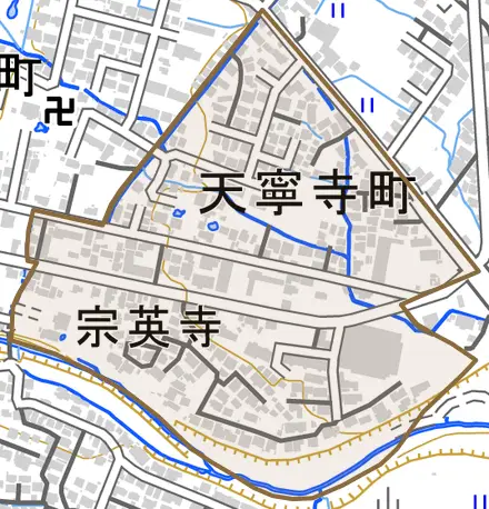 天寧寺町とその周辺の地図。町の範囲を重ねている