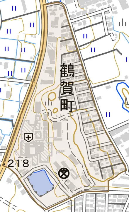鶴賀町とその周辺の地図。町の範囲を重ねている