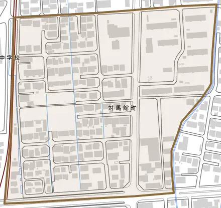 対馬館町とその周辺の地図。町の範囲を重ねている