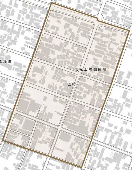 上町とその周辺の地図。町の範囲を重ねている