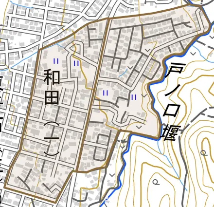 和田とその周辺の地図。町の範囲を重ねている