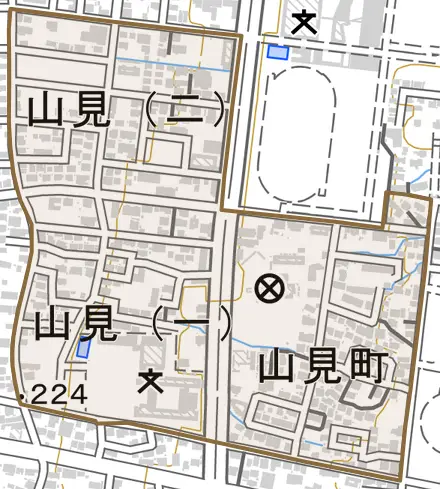 山見町とその周辺の地図。町の範囲を重ねている