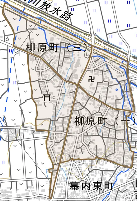 柳原町とその周辺の地図。町の範囲を重ねている