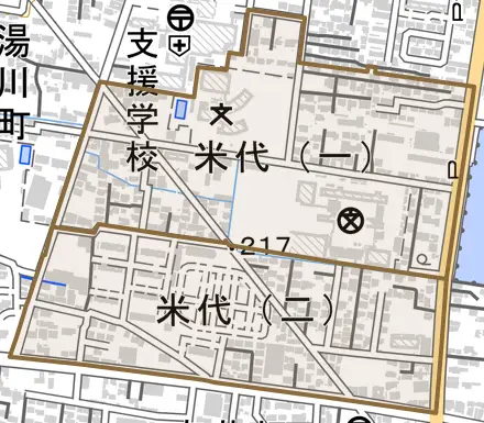 米代とその周辺の地図。町の範囲を重ねている