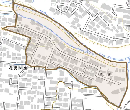 湯川南とその周辺の地図。町の範囲を重ねている