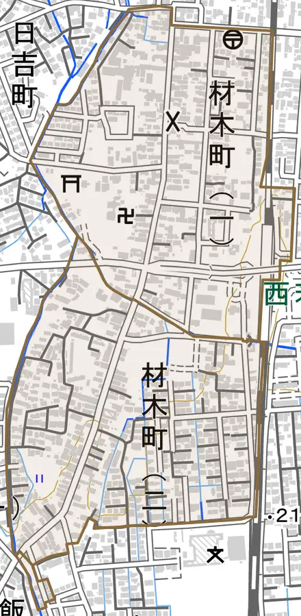 材木町とその周辺の地図。町の範囲を重ねている