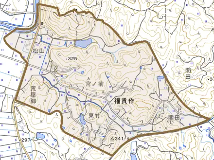 大字福貴作とその周辺の地図。町の範囲を重ねている