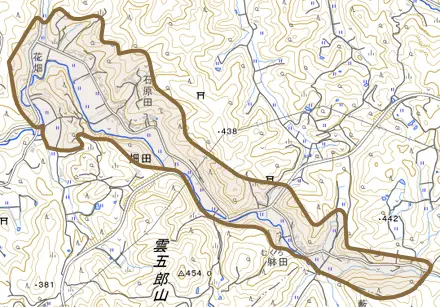 大字畑田とその周辺の地図。町の範囲を重ねている