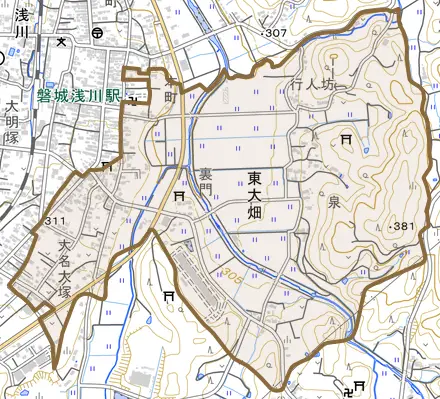 大字東大畑とその周辺の地図。町の範囲を重ねている