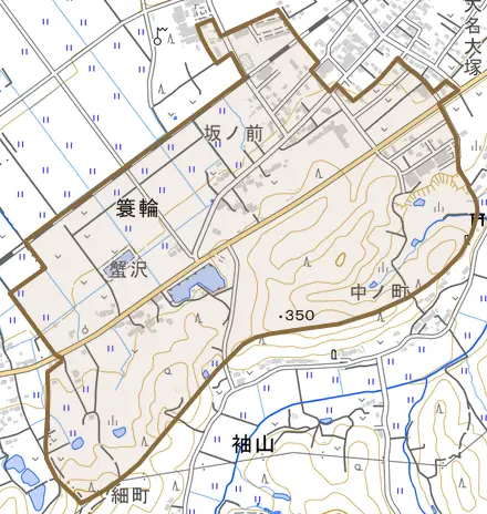 大字簑輪とその周辺の地図。町の範囲を重ねている