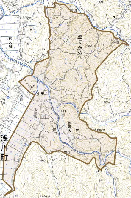 大字中里とその周辺の地図。町の範囲を重ねている