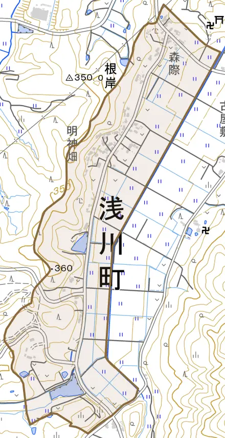 大字根岸とその周辺の地図。町の範囲を重ねている