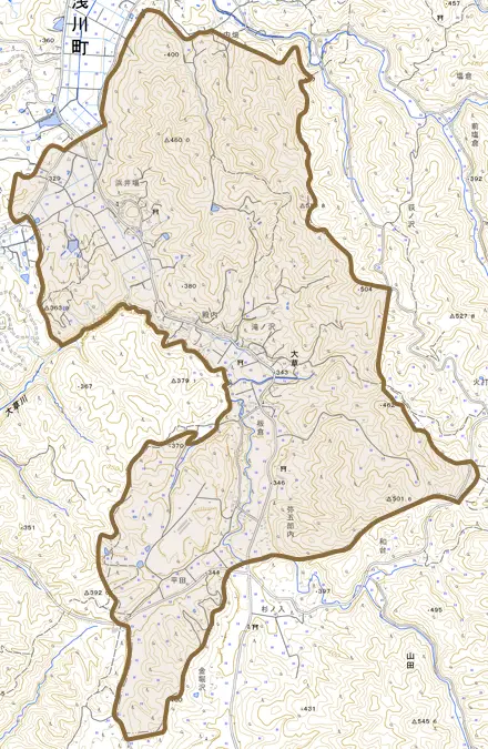 大字大草とその周辺の地図。町の範囲を重ねている