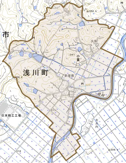 大字小貫とその周辺の地図。町の範囲を重ねている