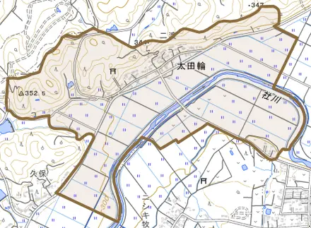 大字太田輪とその周辺の地図。町の範囲を重ねている