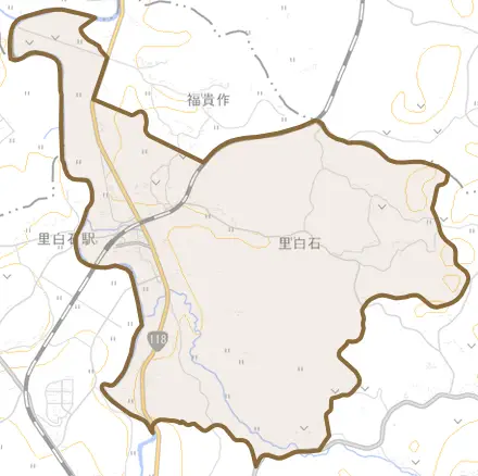 大字里白石とその周辺の地図。町の範囲を重ねている