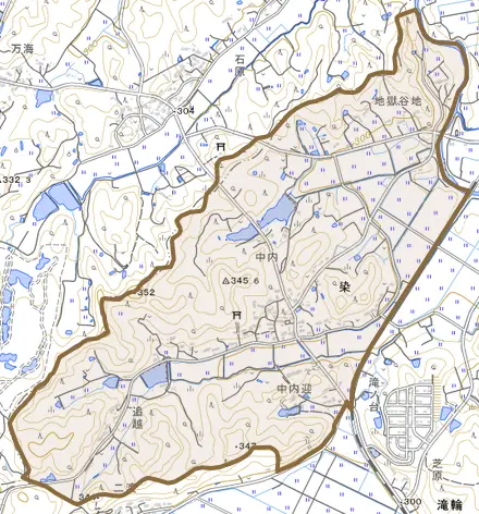 大字染とその周辺の地図。町の範囲を重ねている