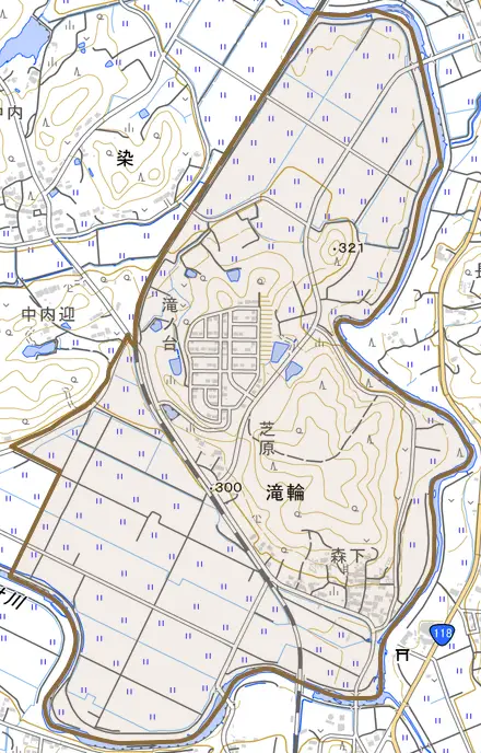 大字滝輪とその周辺の地図。町の範囲を重ねている