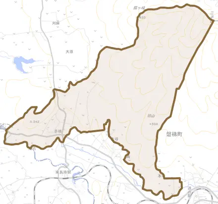 大字赤枝とその周辺の地図。町の範囲を重ねている