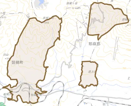 大字磐梯とその周辺の地図。町の範囲を重ねている