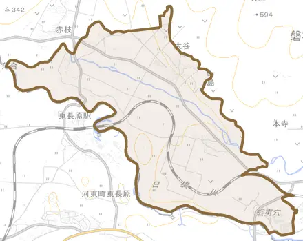 大字大谷とその周辺の地図。町の範囲を重ねている