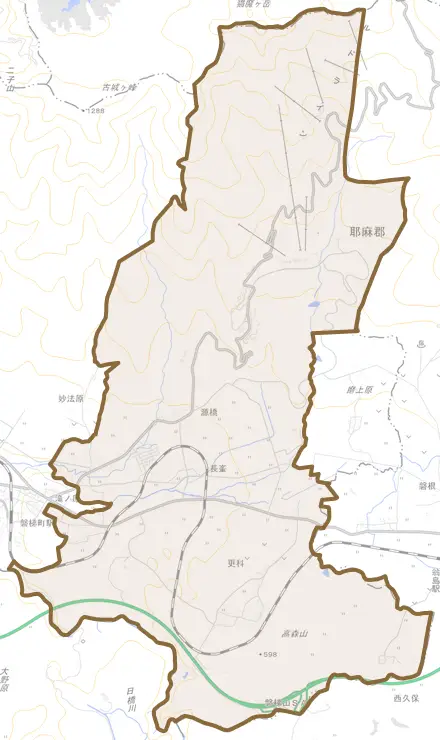 大字更科とその周辺の地図。町の範囲を重ねている