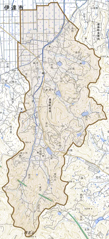 保原町柱田とその周辺の地図。町の範囲を重ねている