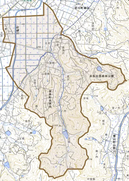 保原町金原田とその周辺の地図。町の範囲を重ねている