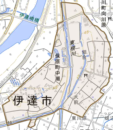 保原町中瀬とその周辺の地図。町の範囲を重ねている
