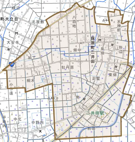 保原町二井田とその周辺の地図。町の範囲を重ねている