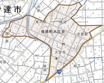 保原町大立目とその周辺の地図。町の範囲を重ねている