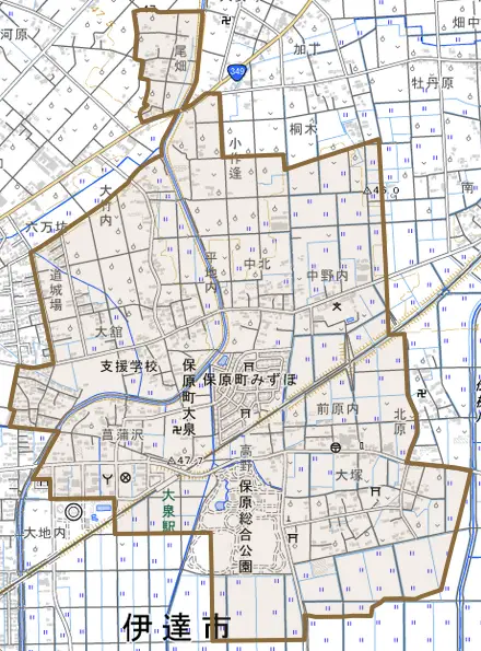 保原町大泉とその周辺の地図。町の範囲を重ねている