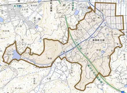 保原町大柳とその周辺の地図。町の範囲を重ねている