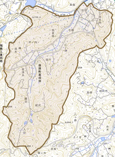 保原町高成田とその周辺の地図。町の範囲を重ねている