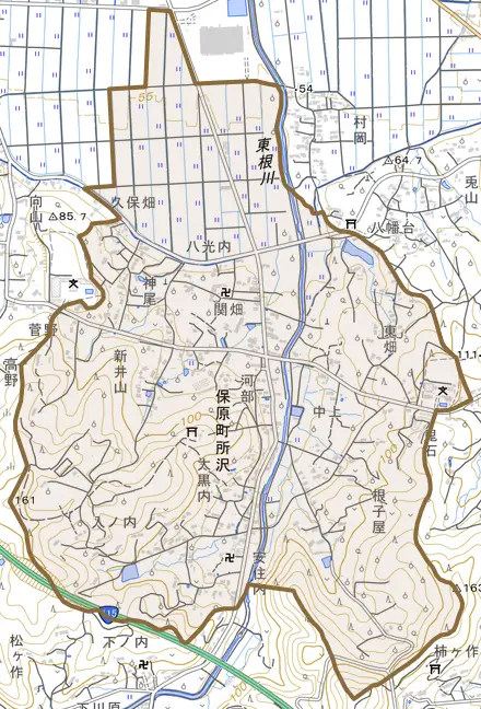 保原町所沢とその周辺の地図。町の範囲を重ねている