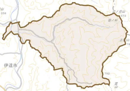 霊山町大石とその周辺の地図。町の範囲を重ねている