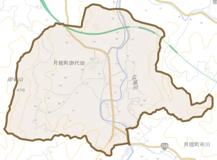 月舘町御代田とその周辺の地図。町の範囲を重ねている
