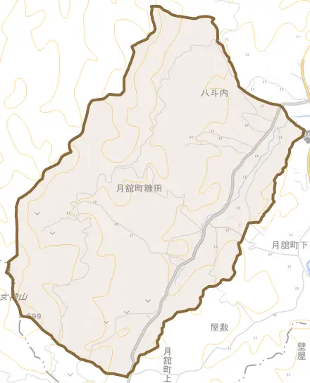 月舘町糠田とその周辺の地図。町の範囲を重ねている